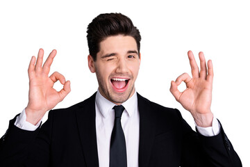 Portrait handsome stylish trendy collar marketer real estate agent style give feedback advertise decision choice advise excited enjoy news select wear white shirt isolated grey background