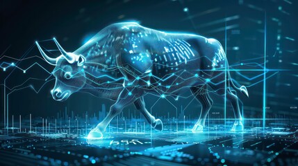 Bull and stock market graph in blue, digital technology. Generative AI