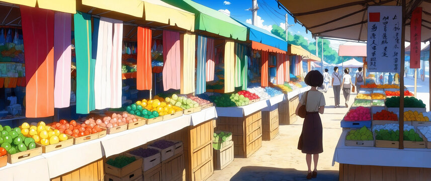 Marketplace: Stalls with colorful canopies, vendors shouting, people bargaining, and a variety of goods on display. Ideal for lively, everyday scenes or moments of chance encounters