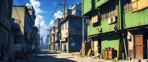 Dystopian Slum, wide angle view: Dilapidated buildings, narrow alleyways, makeshift homes, and a sense of oppression. Ideal for gritty, dark, and socio-political themes.