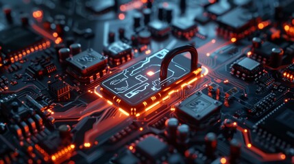 Fototapeta premium Advanced Circuit Board with Digital Lock and Intricate Lighting, Futuristic High-tech Design