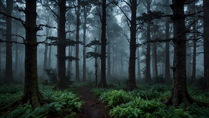 Obraz premium A forest shrouded in ethereal mist, where ancient trees loom like specters amidst shafts of moonlight ai_generated