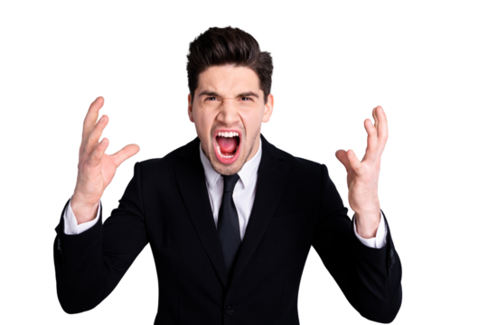 Portrait frustrated nervous entrepreneur economist ceo specialist argue rage crazy scandal exhausted shout scream yell gesture overworked irritated have formal wear isolated ashy-gray background