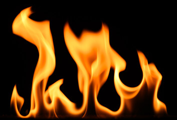 fire on a black background, burning and hot flames, close view