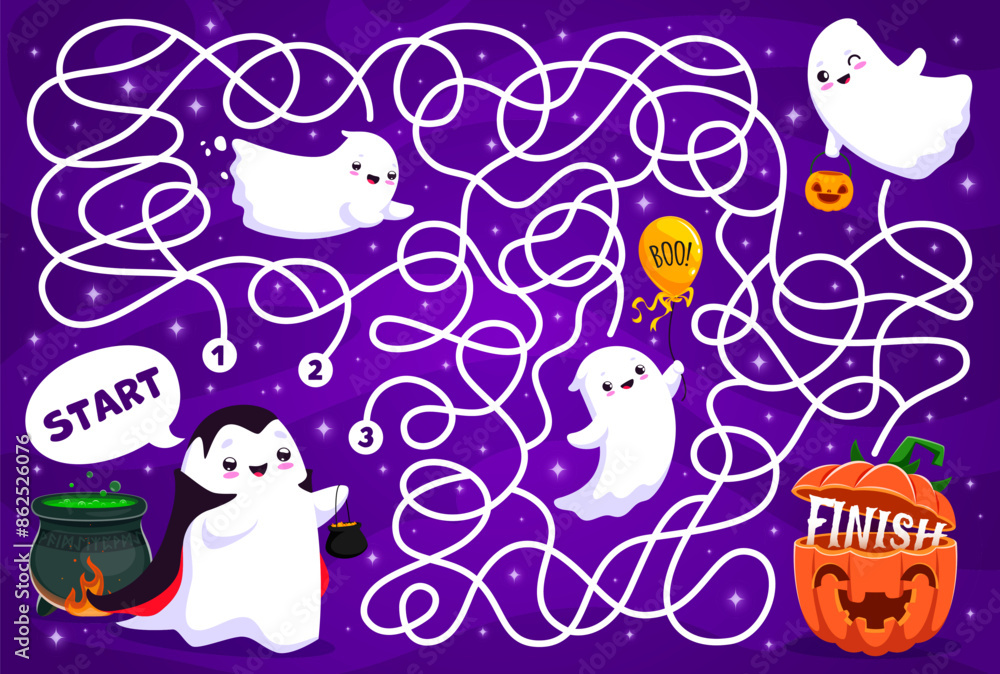 Poster halloween labyrinth maze game, ghost finding a path to pumpkin. find way children game worksheet, se