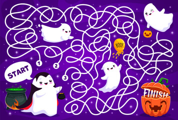 Fototapeta premium Halloween labyrinth maze game, ghost finding a path to pumpkin. Find way children game worksheet, search path kids vector puzzle or maze page with Halloween holiday cheerful kawaii ghost characters