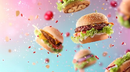 Delicious aromatic flying hamburger on a background of pastel colors