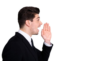 Profile side view photo of excited real estate agent feel content enjoy information share scream shout news novelties place hand palm wear modern expensive blazer shirt isolated silver background
