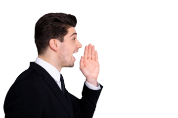 Profile side view photo of excited real estate agent feel content enjoy information share scream shout news novelties place hand palm wear modern expensive blazer shirt isolated silver background