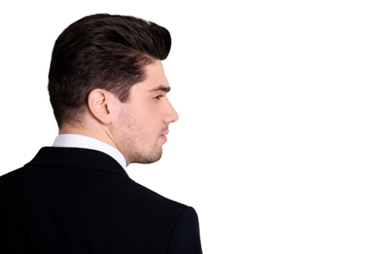 Profile side back rear behind view photo sullen strict entrepreneur collar have workforce question pensive imagine decide solve choose formal wear jacket stylish grey background isolated suspicious