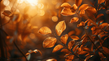 Autumn leaves in golden hour, creating an enchanting backdrop for autumn-themed designs, with empty copy space