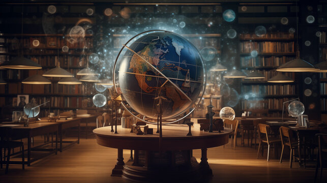 Globe with geometric shapes and formulas projected onto it with a blurry background of a study room filled with books and scientific instruments - Powered by Adobe