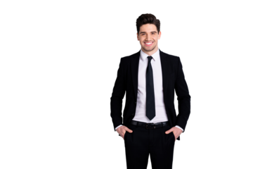 Portrait of independent feel glad successful ceo representative feel glad content place hands fingers palms in pockets modern black trousers fashionable outfit isolated over he his background