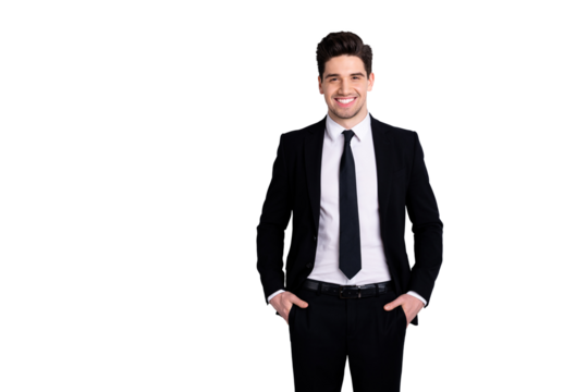 Portrait of independent feel glad successful ceo representative feel glad content place hands fingers palms in pockets modern black trousers fashionable outfit isolated over he his background - Powered by Adobe