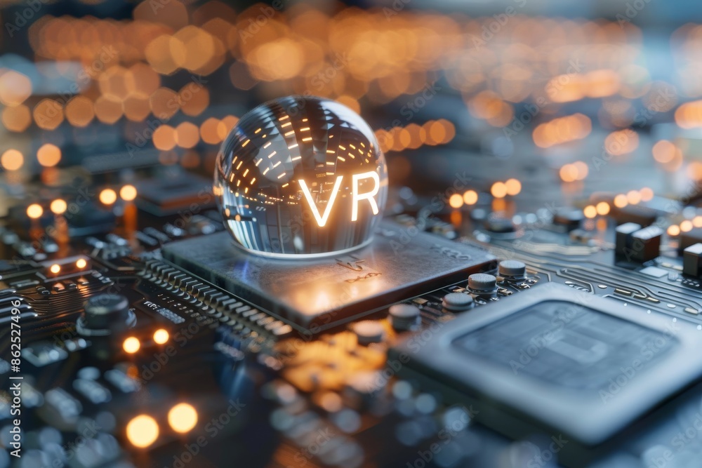 Poster vr technology concept with a glowing globe and circuit board, symbolizing the integration of virtual