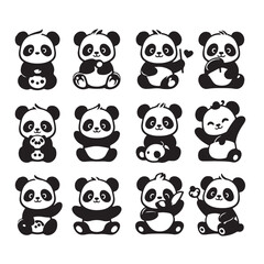 Panda set silhouette style vector