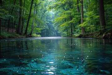 Obraz premium A lush forest with towering trees, a clear blue river running through it, and diverse wildlife living harmoniously.