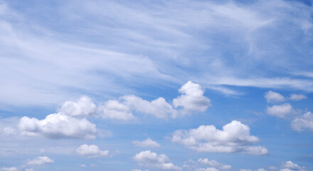 Fototapeta premium Sky clouds background. Texture background of blue sky and white clouds. Landscape, beautiful summer, dynamic, softness, scene, nature view concepts for wallpaper and paper. Tiny clouds and a wavy sky.