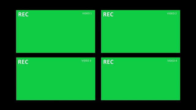 CCTV 4 Screens with Green Screen, red blinking recoding sign camera text animation 4k hd
