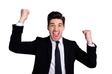 Yeah perfect deal concept. Close up photo of lucky luck entrepreneur get aims goal scream shout yell raise fists thrilled rejoice excellent partnership dressed modern blazer isolated grey background