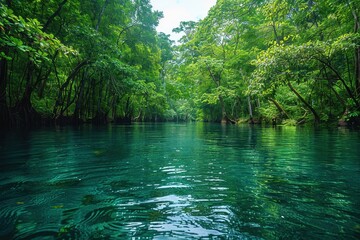 Obraz premium A lush forest with towering trees, a clear blue river running through it, and diverse wildlife living harmoniously.