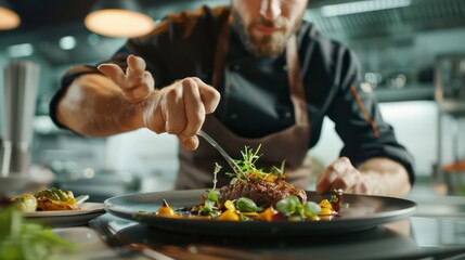 Chef garnishes exquisite dish, showcasing culinary artistry and passion for haute cuisine. Ideal for highlighting fine dining, gastronomy expertise, and sophisticated process of creating gourmet food
