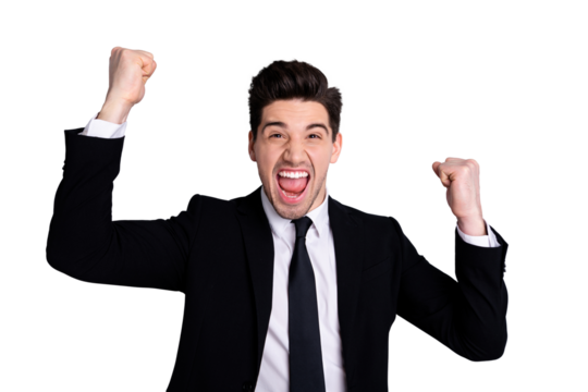 Yeah perfect deal concept. Close up photo of lucky luck entrepreneur get aims goal scream shout yell raise fists thrilled rejoice excellent partnership dressed modern blazer isolated grey background - Powered by Adobe