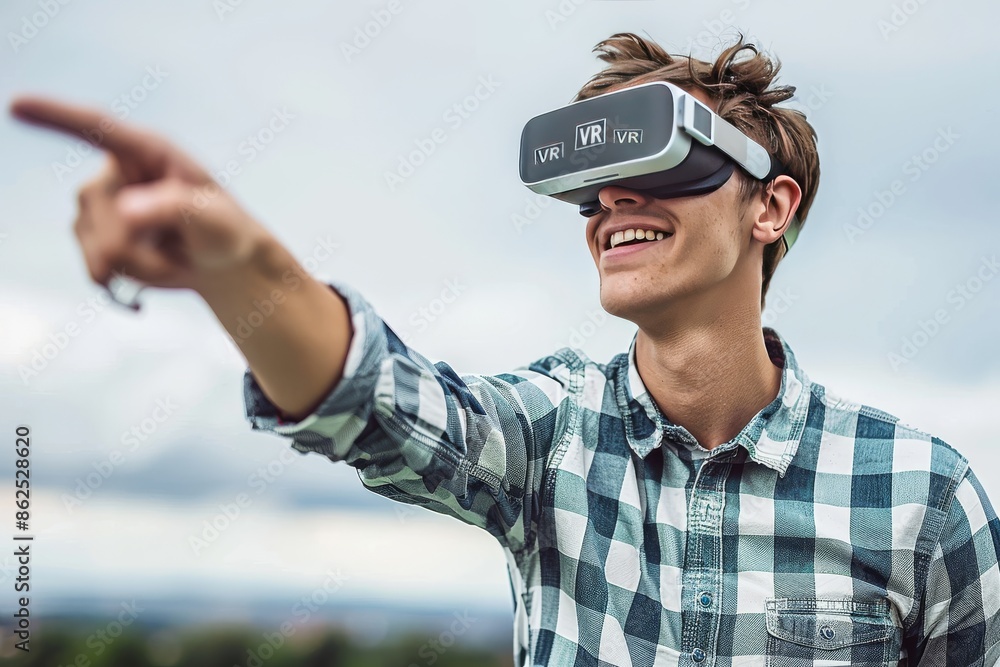Aufkleber man pointing and smiling while using vr headset outdoors on a sunny day, symbolizing modern technolo