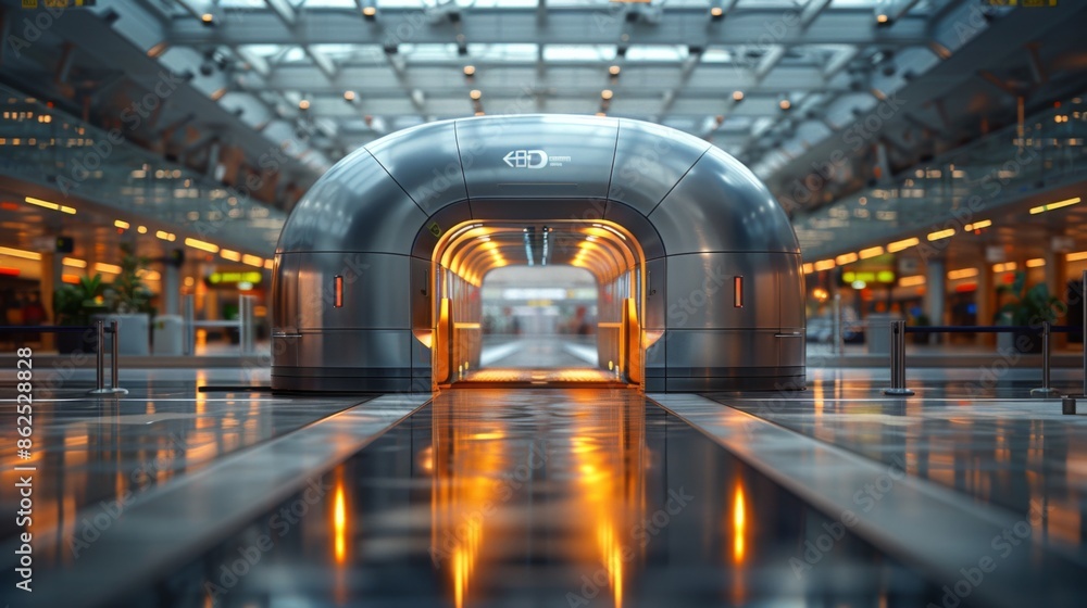 Poster create a dynamic 3d rendering of a luggage scanner in action at the airport, showcasing the intricat
