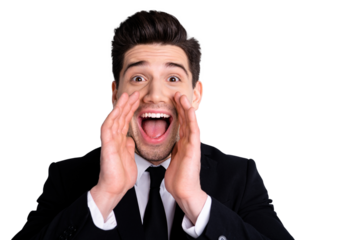 Close up photo funny fun funky colleague office worker heard information cheerful incredible impressed astonished share he his satisfied enjoy fun stylish modern outfit isolated argent background