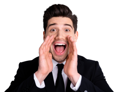 Close up photo funny fun funky colleague office worker heard information cheerful incredible impressed astonished share he his satisfied enjoy fun stylish modern outfit isolated argent background - Powered by Adobe