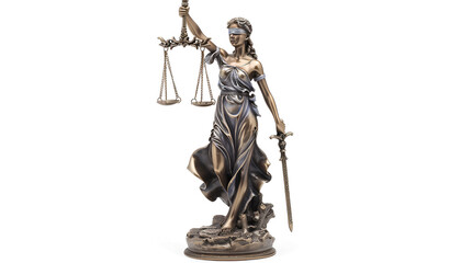 Statue of Lady Justice isolated on white, low angle view. Symbol of fair treatment under law