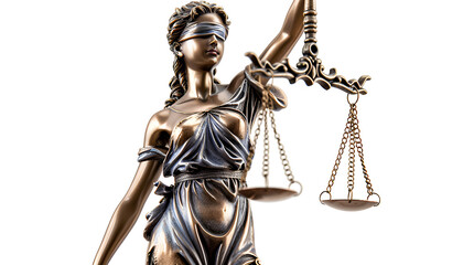 Statue of Lady Justice isolated on white, low angle view. Symbol of fair treatment under law