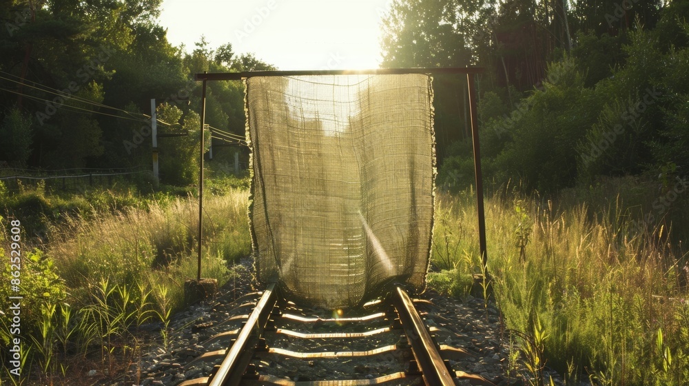 Poster a burlap fabric usually associated with farm fields stands out against the metal train tracks creati