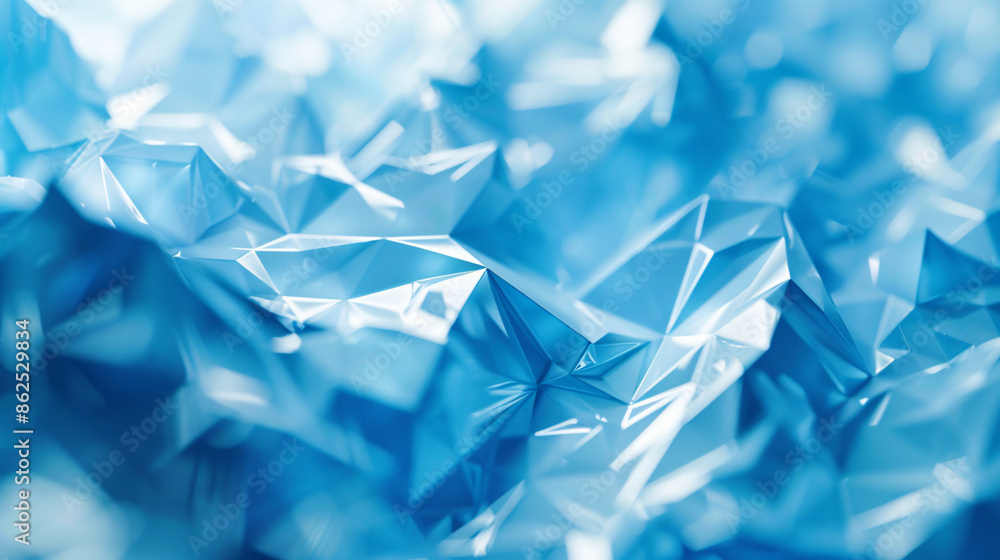Poster abstract background with blue low poly shapes, crystal texture and grainy particles on the surface. 