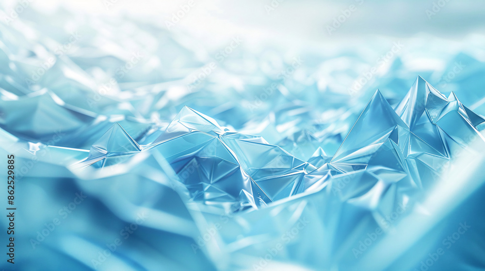 Poster abstract background with blue low poly shapes, crystal texture and grainy particles on the surface. 