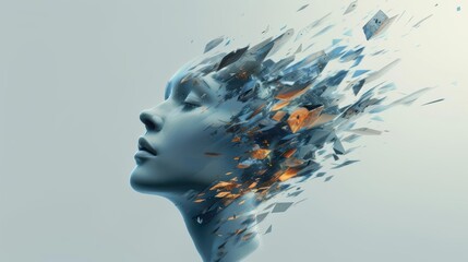 Surreal digital art of a human face disintegrating into abstract fragments, symbolizing creativity, transformation, and the human mind.
