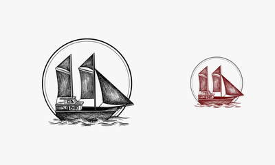 Sailing boat, fishing, sails, retro, sailor, floating,retro,realistic, marine, sketch,vector hand drawn illustration isolated