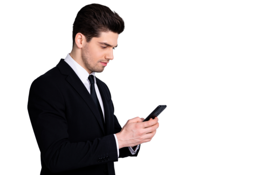 Profile side photo trendy successful entrepreneur executive communicate search news decide solve startup problems worried much work use user modern technology classic outfit isolated silver background