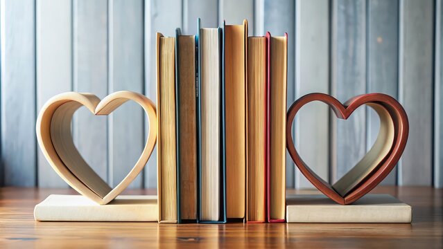 Heart-shaped bookends holding row of books symbolizing friendship and support, friendship, support, bookends