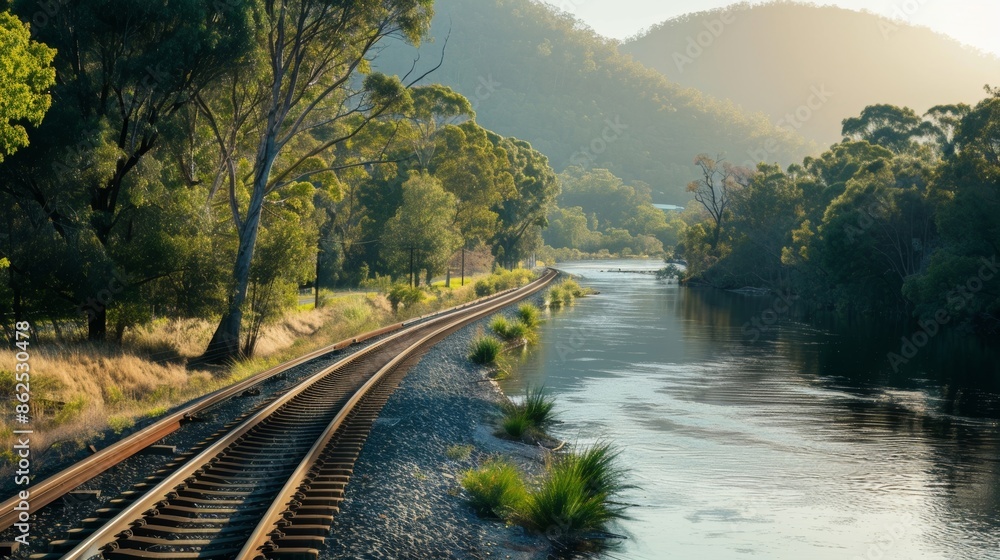 Poster the rail lines run alongside a shimmering river creating a serene and tranquil atmosphere.