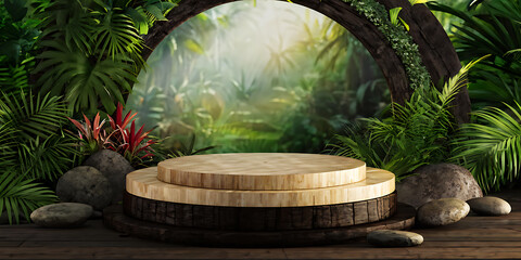 Obraz premium Podium background product forest green display platform wood stone 3d garden rock. Product podium jungle background stage leaf cosmetic nature scene stand presentation mockup tree pedestal plant eco