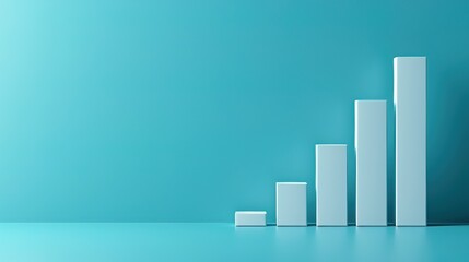 White rising bar chart on blue background with copy space. Business economic and money investment concept. Goal and success theme. 3D illustration rendering graphic