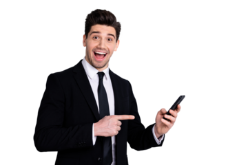 Advert ads concept. Portarit of handsome sales representative impressed by new product option give feedback attention show scream shout omg wow unbelievable black blazers isolated grey background