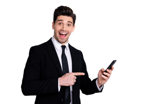 Advert ads concept. Portarit of handsome sales representative impressed by new product option give feedback attention show scream shout omg wow unbelievable black blazers isolated grey background