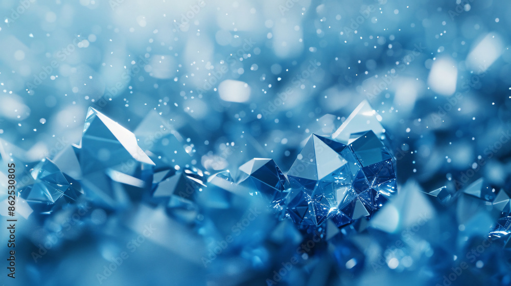 Poster abstract background with blue low poly shapes, crystal texture and grainy particles on the surface. 