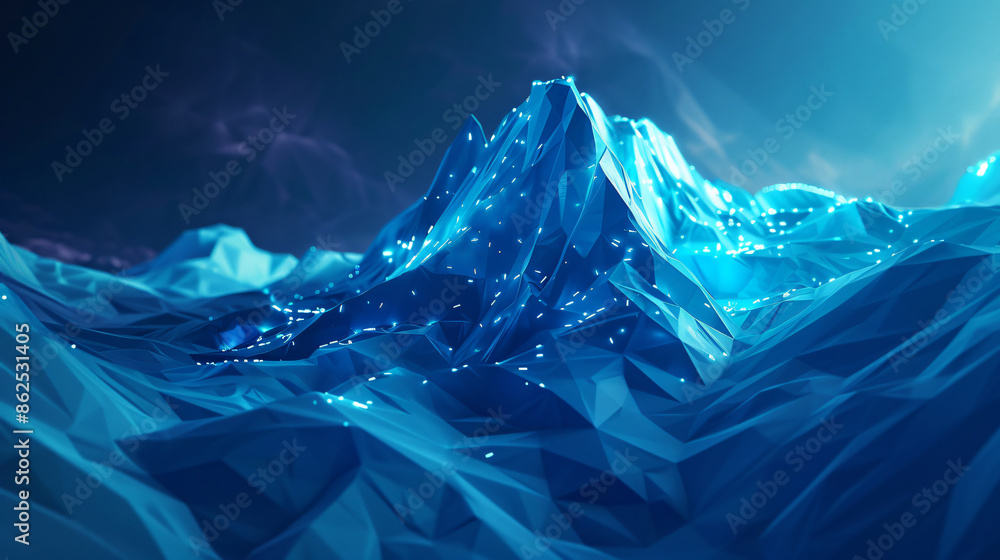 Poster abstract background with blue low poly shapes, crystal texture and grainy particles on the surface. 