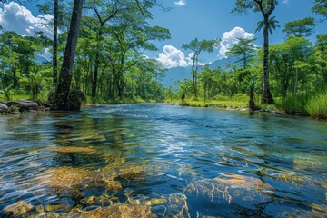 Obraz premium A lush forest with towering trees, a clear blue river running through it, and diverse wildlife living harmoniously.