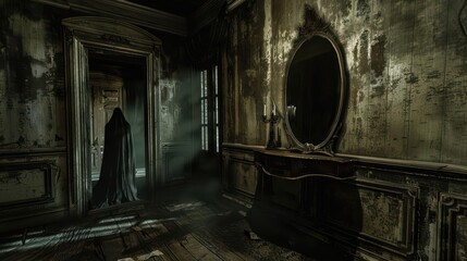 Eerie, abandoned, aged interior with a ghostly figure. Old rustic furniture and a mirror add to the spooky atmosphere.