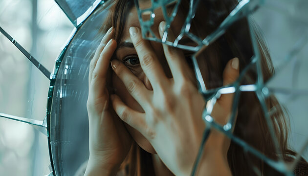 Woman covering face with hands near broken mirror. Mental problems